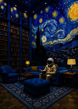 Astronaut Reading in Starry Night Room