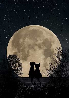 Cats Silhouetted Against a Full Moon