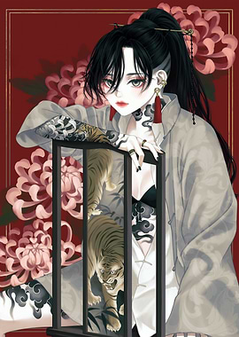 Tattooed Woman with Tigers and Flowers