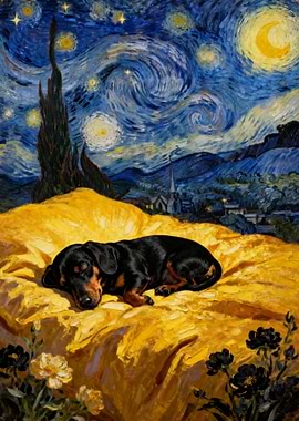 Dachshund Sleeping Under Starry Night Sky