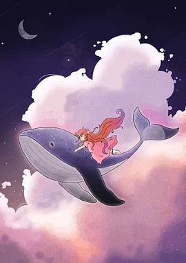 Girl riding a whale in the sky