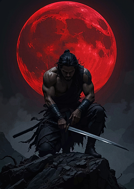 Samurai Warrior with Red Moon