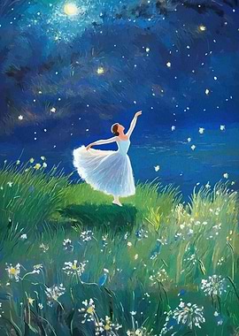 Ballerina dancing under starry night sky