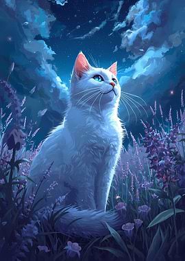 White Cat in Lavender Field