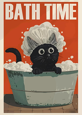 Black Cat Bath Time Illustration