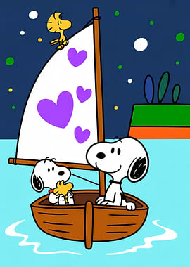 Snoopy and Woodstock Sailing with Hearts