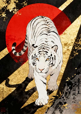 White Tiger with Red Sun Art