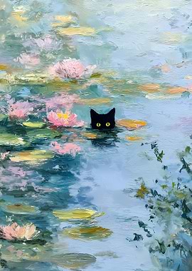 Black cat in water lilies painting