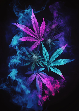 Colorful Cannabis Leaves with Smoke