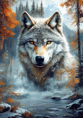 Wolf Portrait in Autumn Landscape