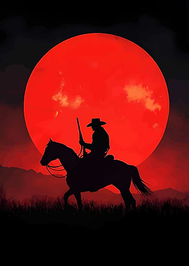 Cowboy Silhouette Under Red Moon