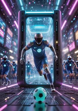 Futuristic Soccer Player in Cyberpunk Arena