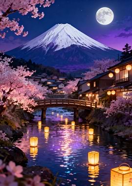 Mount Fuji Cherry Blossoms Night