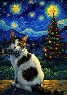 Christmas Cat in Van Gogh Style