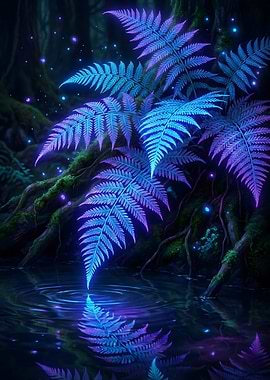 Neon Glowing Ferns in Dark Forest