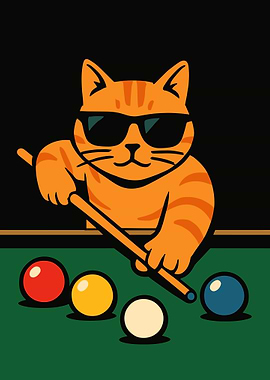 Cool Cat Playing Pool Poster, Funny Billiards Wall Art, Cartoon Cat Game Room Print