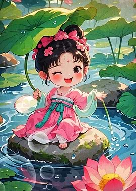 Chibi Girl in Lotus Pond