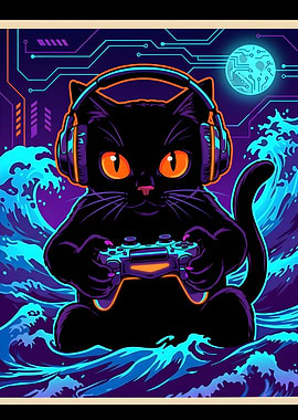 Funny Gamer Cat Neon Cyber Gaming Night Retro Art