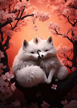 Two White Foxes Under Cherry Blossoms