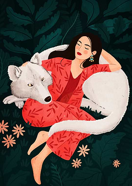 Woman and White Wolf in Forest