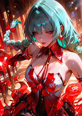 Anime Girl with Red and Teal Accents
