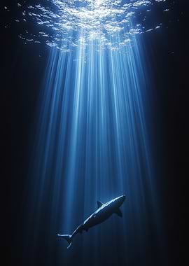 Shark in Deep Blue Ocean