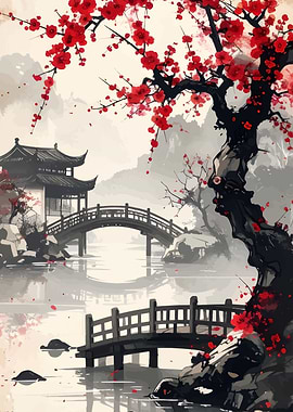 Japanese Garden with Red Blossoms