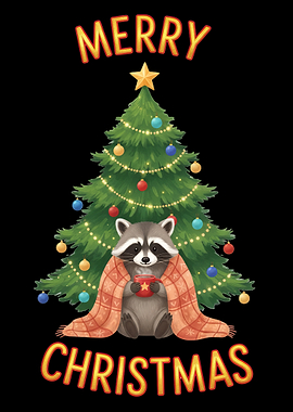 Merry Christmas Raccoon with Christmas Tree