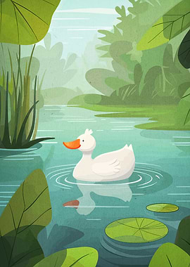 Duck in Pond Illustration
