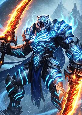 Armored Tiger Warrior with Flaming Swords