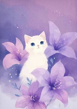 White Cat with Purple Flowers