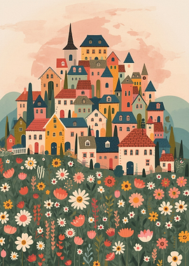 Colorful Village on a Flower Hill