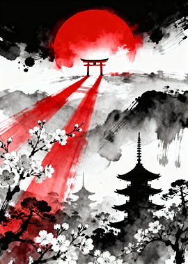 Japanese Landscape with Torii Gate