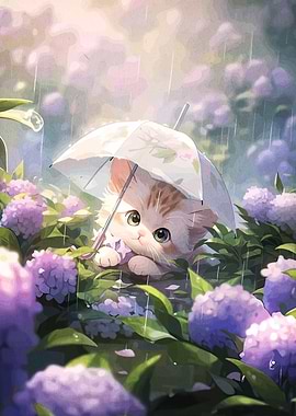 Cute Kitten Under Umbrella in Rain