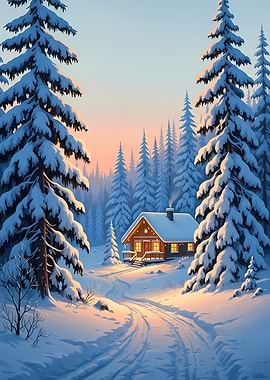 Winter Cabin in Snowy Forest
