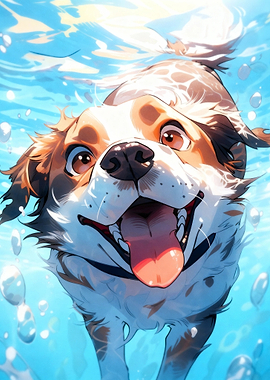 Happy Dog Swimming Underwater