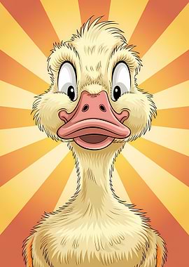 Cartoon Duckling Portrait with Starburst Background
