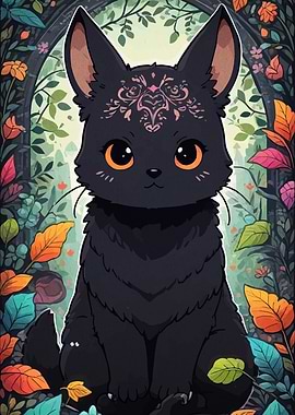 Cute Black Cat in Floral Archway