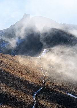 Sancy, Auvergne - Mountain peak with fog and trail