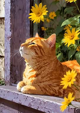 Ginger Cat Sunbathing by Yellow Flowers