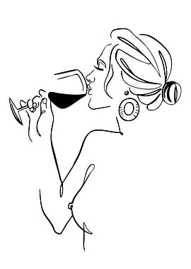 Woman Drinking Wine Line Art