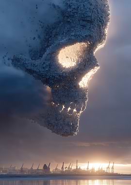 Digital Skull Over Cityscape