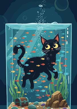 Cat in Aquarium with Fish