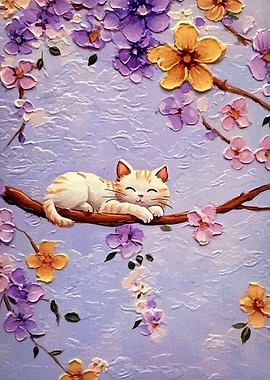 Sleeping Cat on Floral Branch Painting