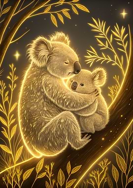 Koala Mother and Baby Golden Embrace