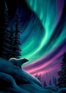 Polar Bear Under Aurora Borealis
