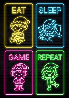Eat Sleep Game Repeat Elf Neon