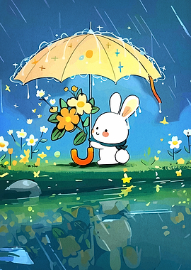 Cute Rabbit Under Umbrella in Rain