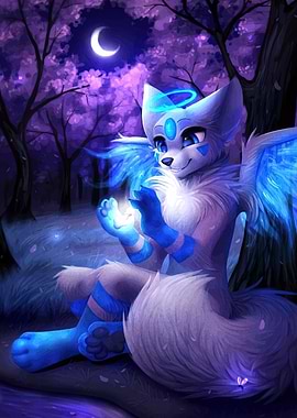 Winged Fox Angel in Moonlight