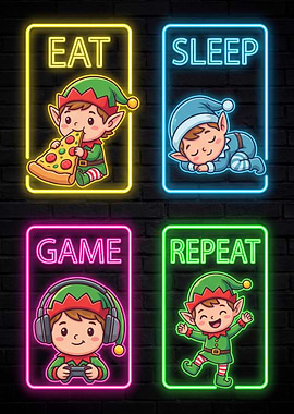 Eat Sleep Game Repeat Elf Neon